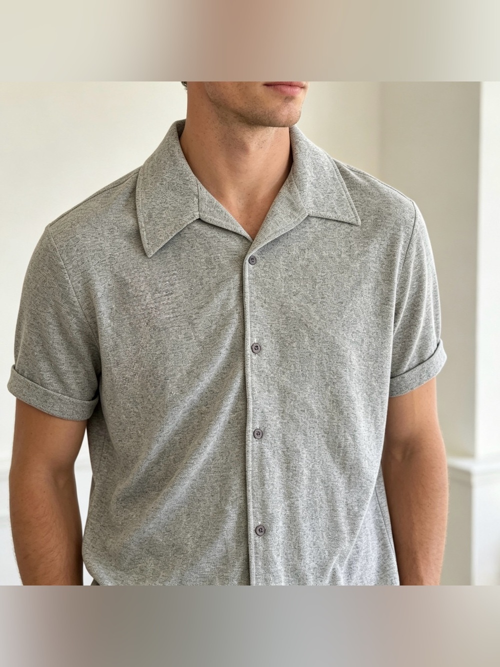 Chateau Works Men’s L Grey Speckled Camp Collar Short Sleeve Shirt